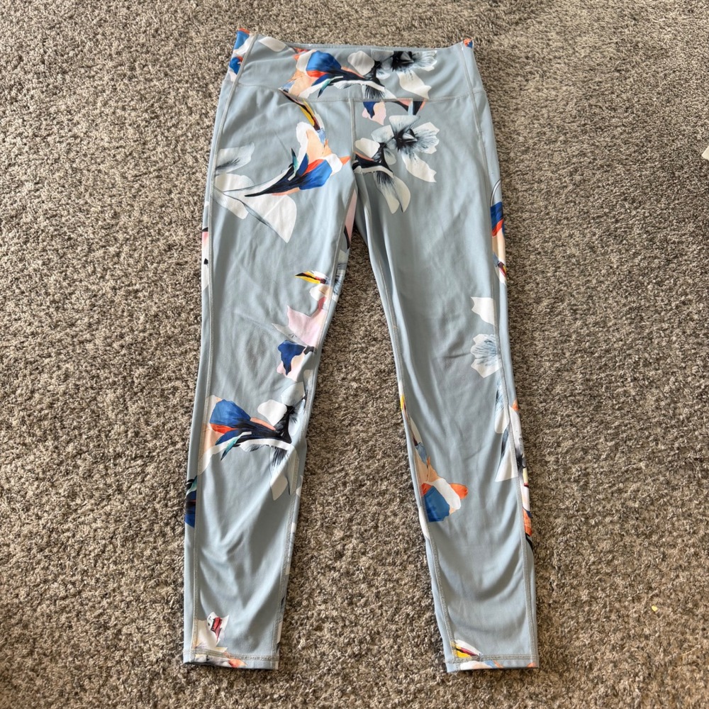 Athleta Womens Floral Tropical Bird Print High Rise Leggings Blue Grey Large